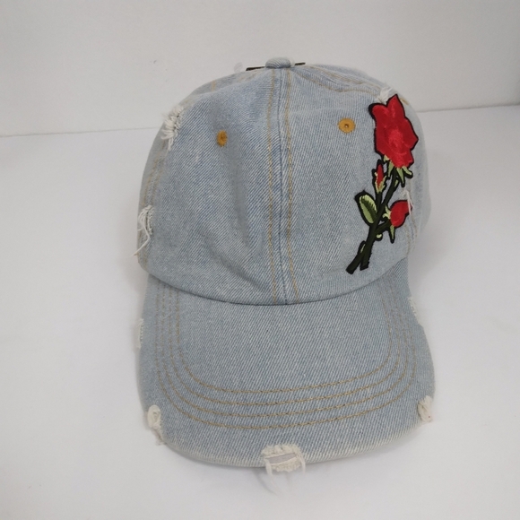 David And Young Distressed Denim Baseball Hat Cap Rose Embroidery Adjustable - Picture 2 of 8